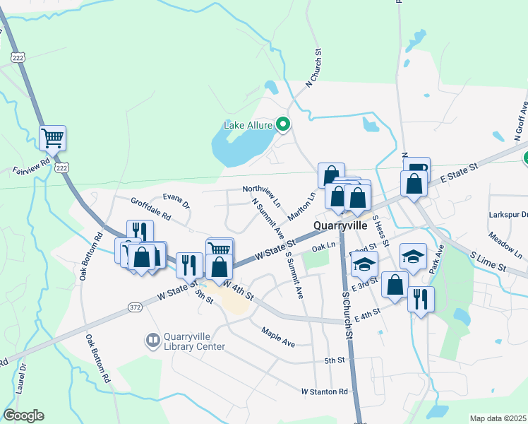 map of restaurants, bars, coffee shops, grocery stores, and more near 137 North Summit Avenue in Quarryville