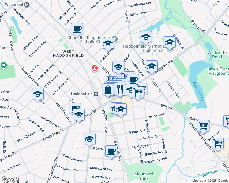 map of restaurants, bars, coffee shops, grocery stores, and more near 14 Tanner Street in Haddonfield