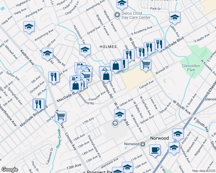 map of restaurants, bars, coffee shops, grocery stores, and more near 113 Holmes Road in Holmes