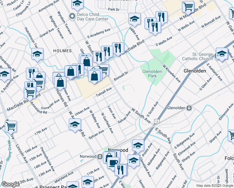 map of restaurants, bars, coffee shops, grocery stores, and more near 500 Urban Avenue in Glenolden