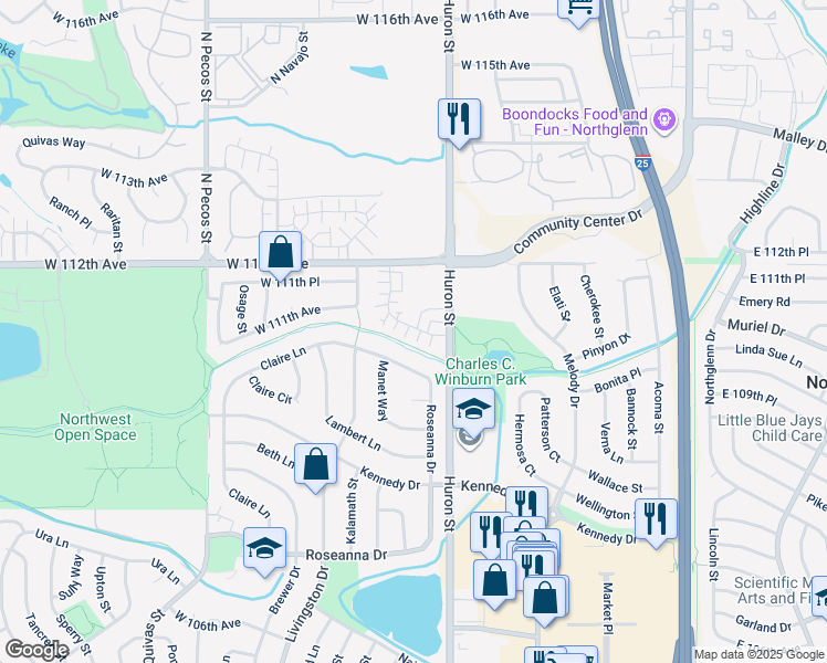 map of restaurants, bars, coffee shops, grocery stores, and more near 945 Claire Lane in Northglenn