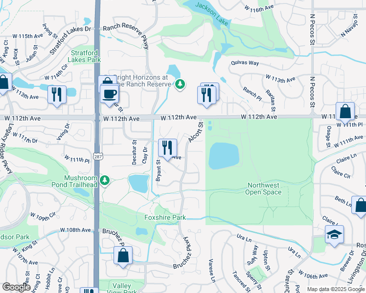 map of restaurants, bars, coffee shops, grocery stores, and more near 2533 West 110th Avenue in Westminster