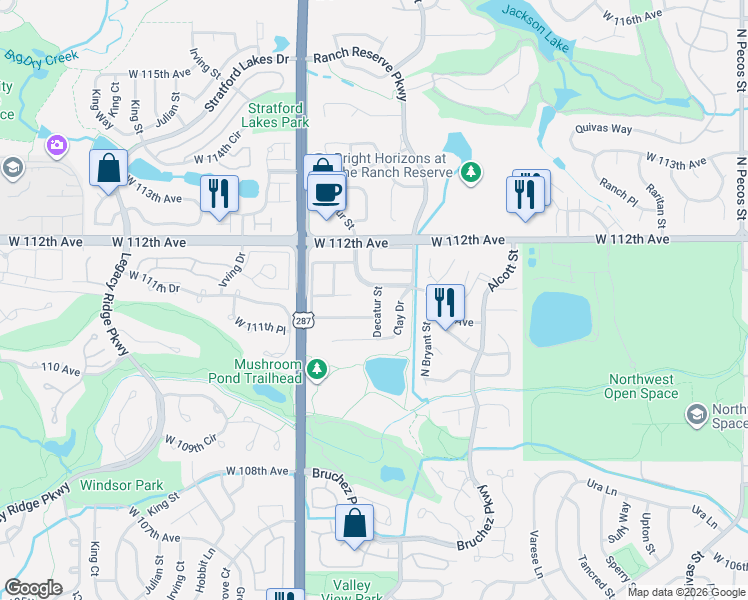 map of restaurants, bars, coffee shops, grocery stores, and more near 2838 West 110th Place in Westminster
