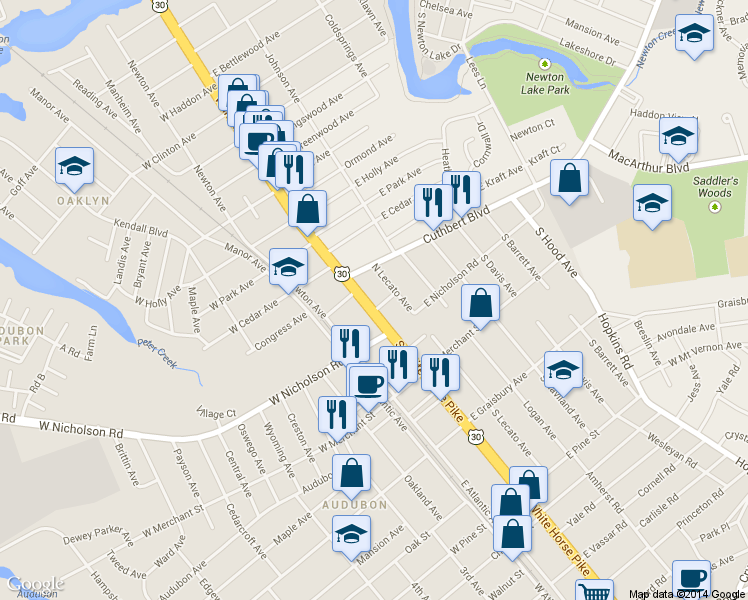 map of restaurants, bars, coffee shops, grocery stores, and more near in Audubon