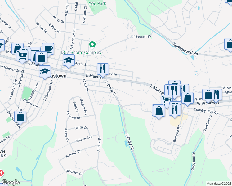 map of restaurants, bars, coffee shops, grocery stores, and more near 142 South Duke Street in Dallastown