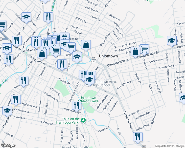 map of restaurants, bars, coffee shops, grocery stores, and more near 72 Stewart Avenue in Uniontown