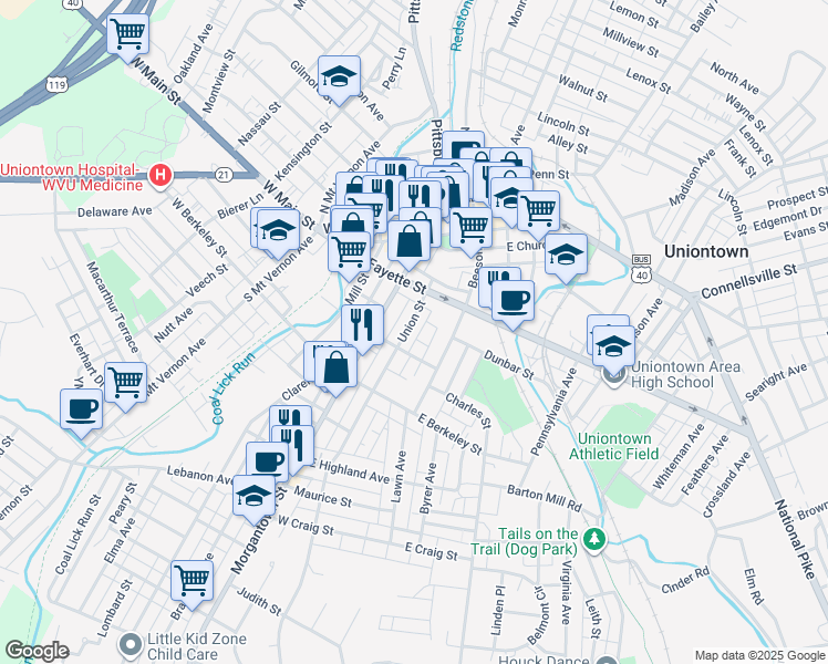 map of restaurants, bars, coffee shops, grocery stores, and more near 28 Robinson Street in Uniontown