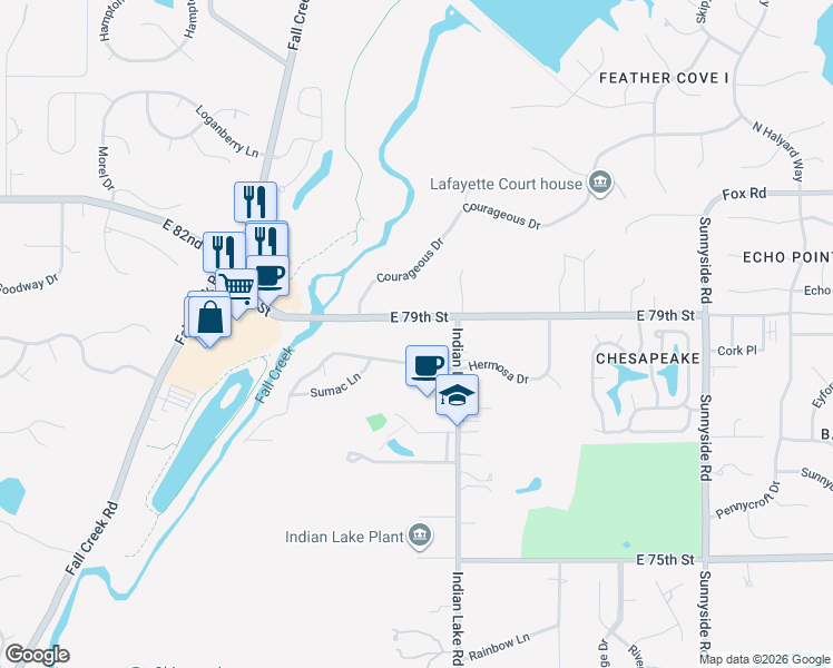 map of restaurants, bars, coffee shops, grocery stores, and more near 7860 Indian Lake Road in Indianapolis