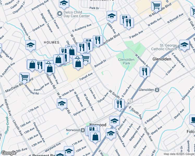 map of restaurants, bars, coffee shops, grocery stores, and more near 500 Urban Avenue in Glenolden