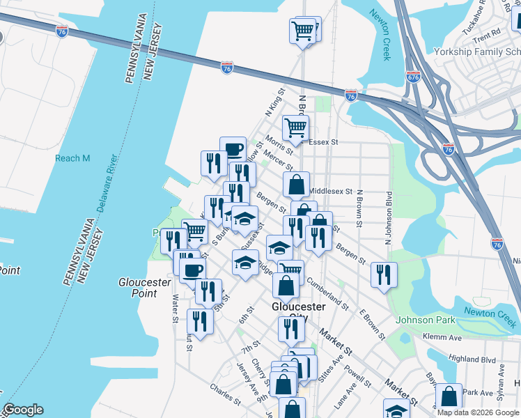 map of restaurants, bars, coffee shops, grocery stores, and more near 15 South Sussex Street in Gloucester City