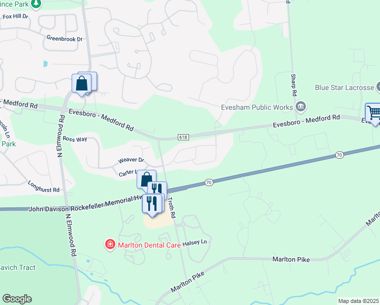 map of restaurants, bars, coffee shops, grocery stores, and more near 2603 Delancey Way in Evesham