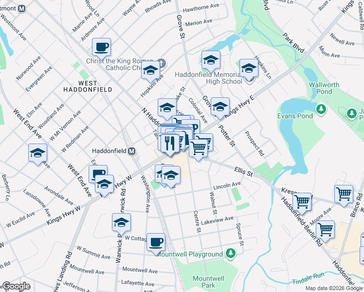 map of restaurants, bars, coffee shops, grocery stores, and more near 124 Kings Highway East in Haddonfield