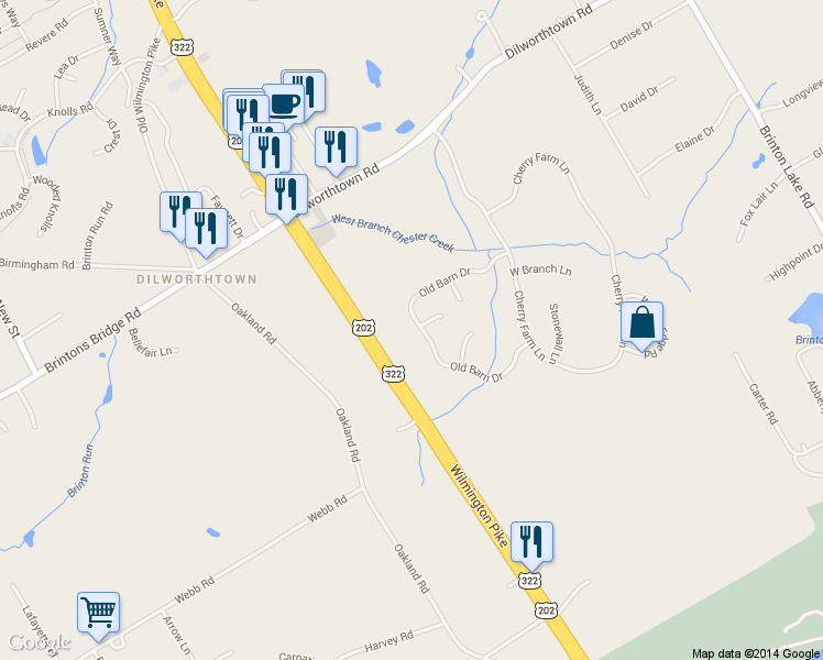 map of restaurants, bars, coffee shops, grocery stores, and more near 52 Old Barn Drive in West Chester
