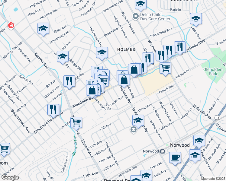 map of restaurants, bars, coffee shops, grocery stores, and more near 2229 MacDade Boulevard in Holmes