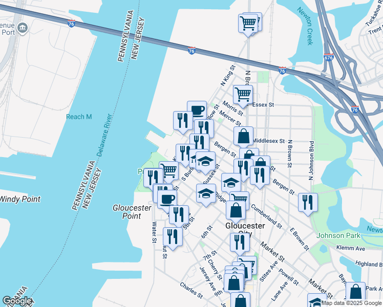 map of restaurants, bars, coffee shops, grocery stores, and more near 218 Somerset Street in Gloucester City