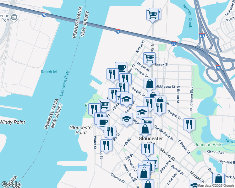 map of restaurants, bars, coffee shops, grocery stores, and more near 218 Somerset Street in Gloucester City