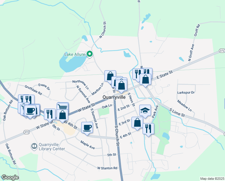 map of restaurants, bars, coffee shops, grocery stores, and more near 10 North Church Street in Quarryville