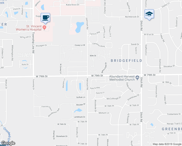 map of restaurants, bars, coffee shops, grocery stores, and more near 1837 Larkfield Court in Indianapolis