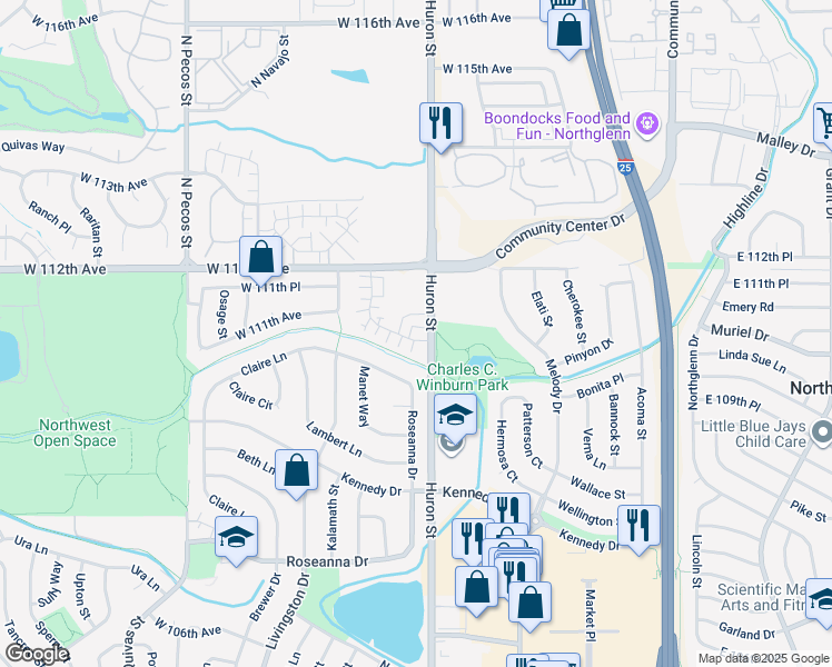 map of restaurants, bars, coffee shops, grocery stores, and more near 11085 Huron Street in Northglenn