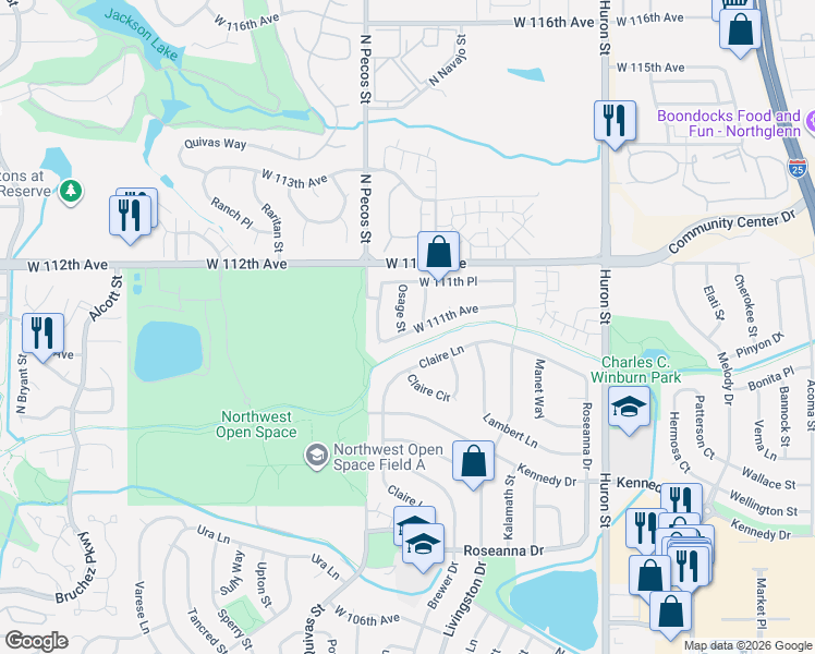 map of restaurants, bars, coffee shops, grocery stores, and more near 11142 Osage Street in Northglenn