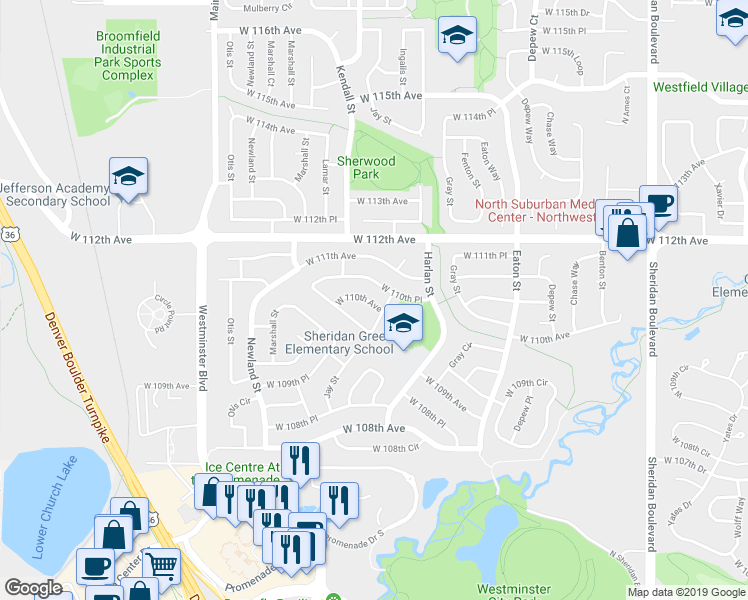 map of restaurants, bars, coffee shops, grocery stores, and more near 6231 West 110th Place in Broomfield