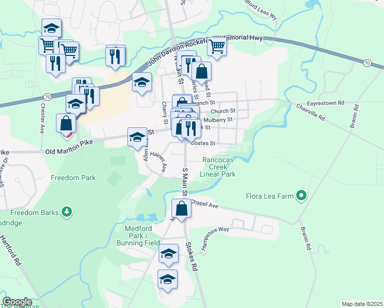 map of restaurants, bars, coffee shops, grocery stores, and more near 35 South Main Street in Medford