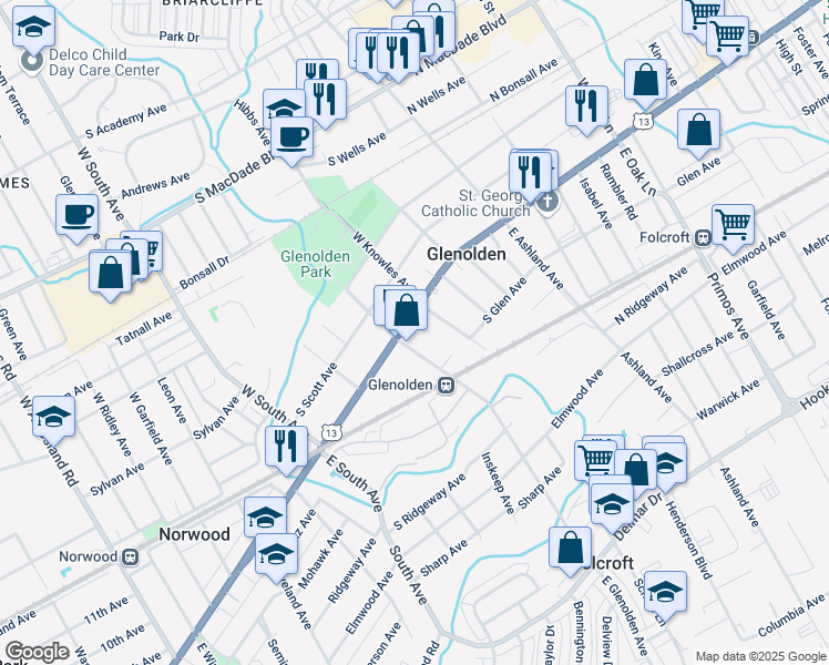 map of restaurants, bars, coffee shops, grocery stores, and more near in Glenolden