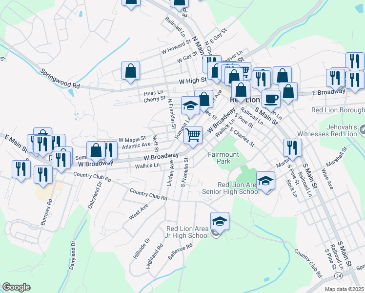 map of restaurants, bars, coffee shops, grocery stores, and more near 211 1st Avenue in Red Lion