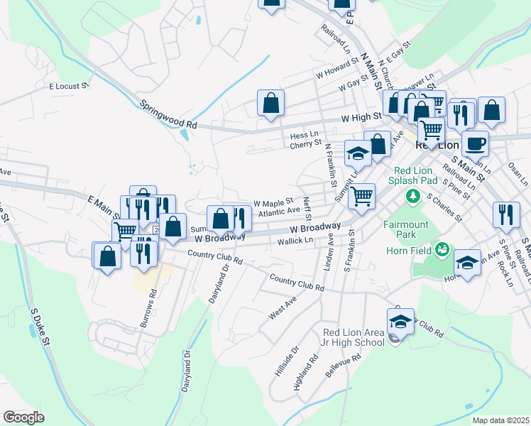 map of restaurants, bars, coffee shops, grocery stores, and more near 601b West Maple Street in Red Lion