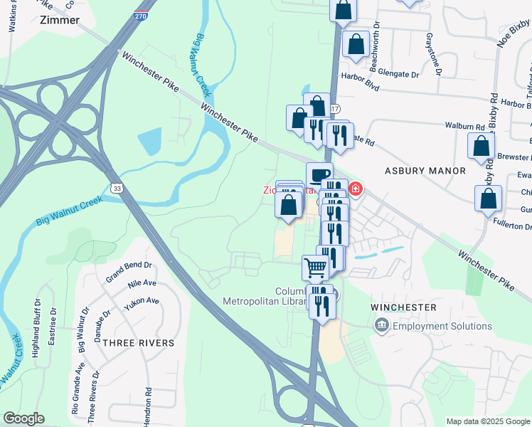 map of restaurants, bars, coffee shops, grocery stores, and more near 3658 Bracknell Forest Drive in Groveport