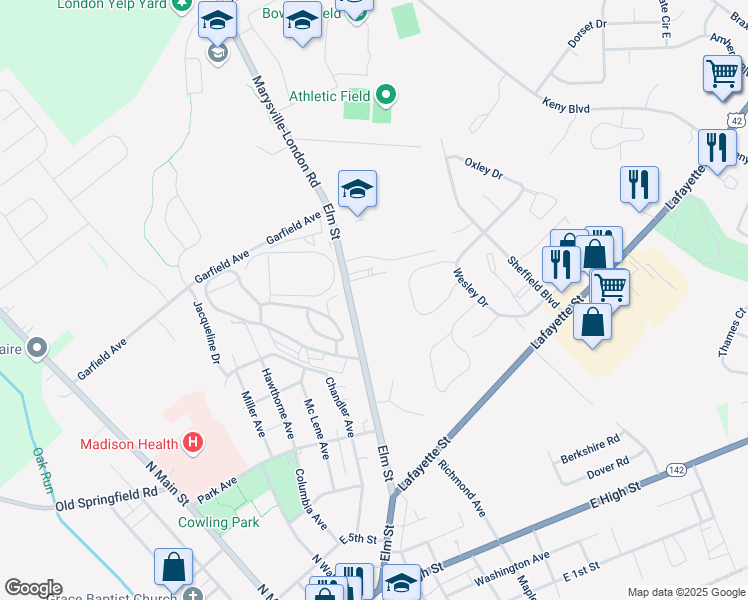 map of restaurants, bars, coffee shops, grocery stores, and more near 224 Elm Street in London