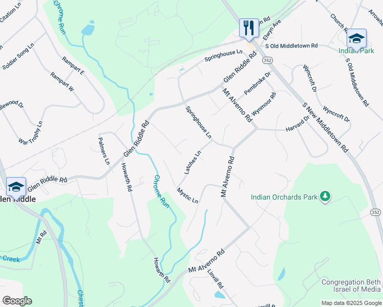 map of restaurants, bars, coffee shops, grocery stores, and more near 137 Latches Lane in Media