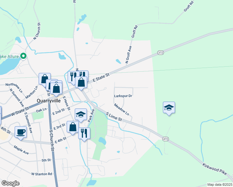map of restaurants, bars, coffee shops, grocery stores, and more near 107 Wheatfield Court in Quarryville