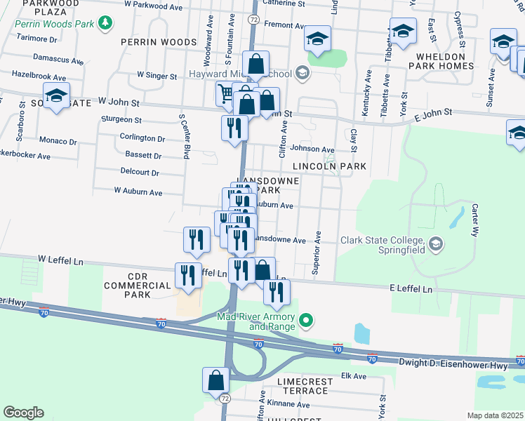 map of restaurants, bars, coffee shops, grocery stores, and more near 2106 Erie Avenue in Springfield