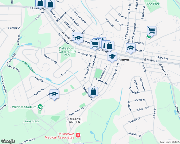 map of restaurants, bars, coffee shops, grocery stores, and more near 240 South Walnut Street in Dallastown