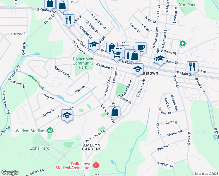 map of restaurants, bars, coffee shops, grocery stores, and more near 240 South Walnut Street in Dallastown