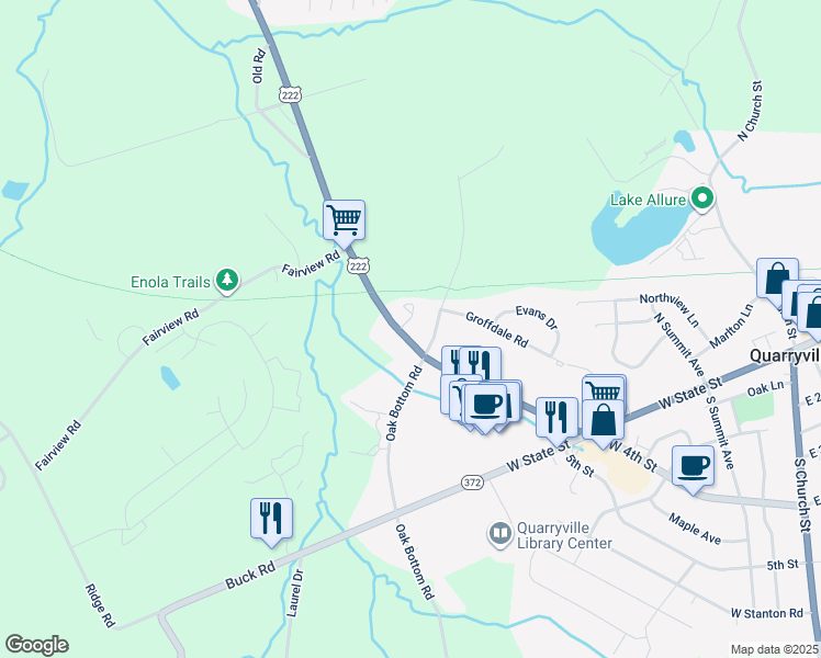 map of restaurants, bars, coffee shops, grocery stores, and more near 8 Brackbill Court in Quarryville