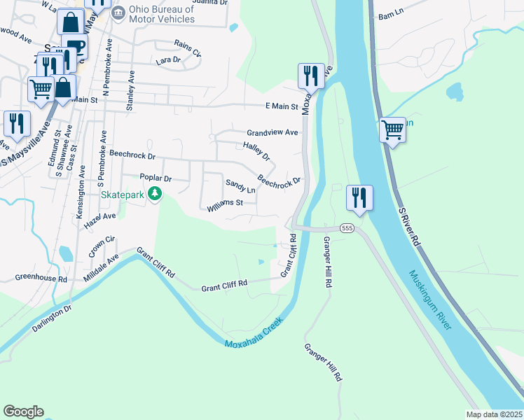 map of restaurants, bars, coffee shops, grocery stores, and more near 98 Williams Street in Zanesville