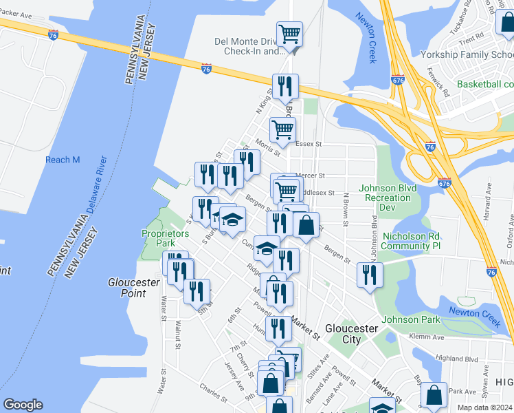 map of restaurants, bars, coffee shops, grocery stores, and more near 338 Bergen Street in Gloucester City