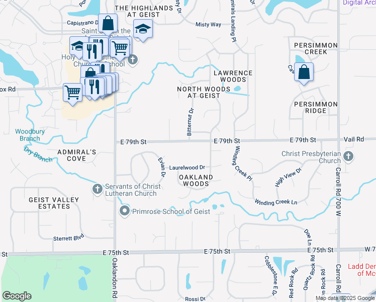 map of restaurants, bars, coffee shops, grocery stores, and more near 12110 East 79th Street in Indianapolis