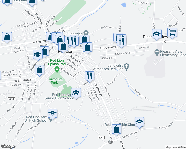 map of restaurants, bars, coffee shops, grocery stores, and more near 317 South Main Street in Red Lion