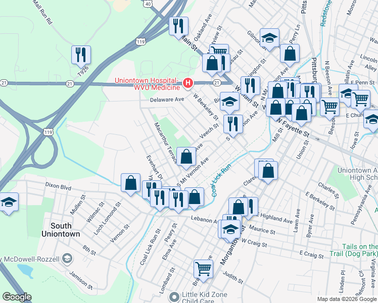 map of restaurants, bars, coffee shops, grocery stores, and more near 50 Nutt Avenue in Uniontown