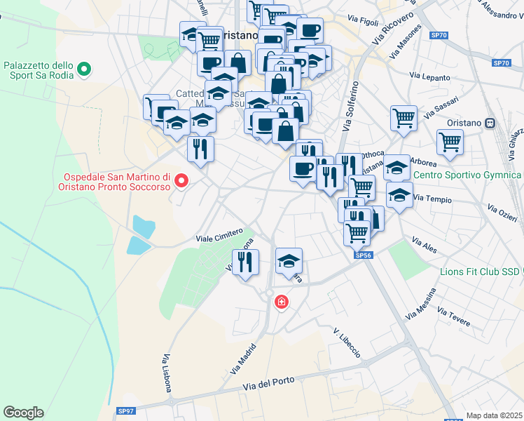 map of restaurants, bars, coffee shops, grocery stores, and more near 11 Viale Cimitero in Oristano