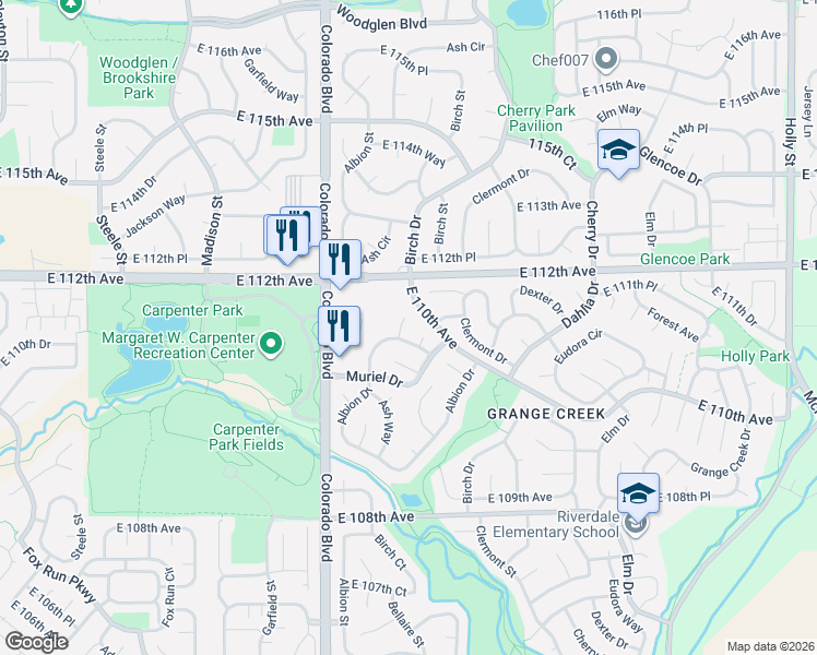 map of restaurants, bars, coffee shops, grocery stores, and more near 11132 Albion Court in Thornton