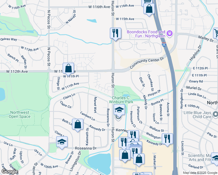 map of restaurants, bars, coffee shops, grocery stores, and more near 11085 Huron Street in Northglenn