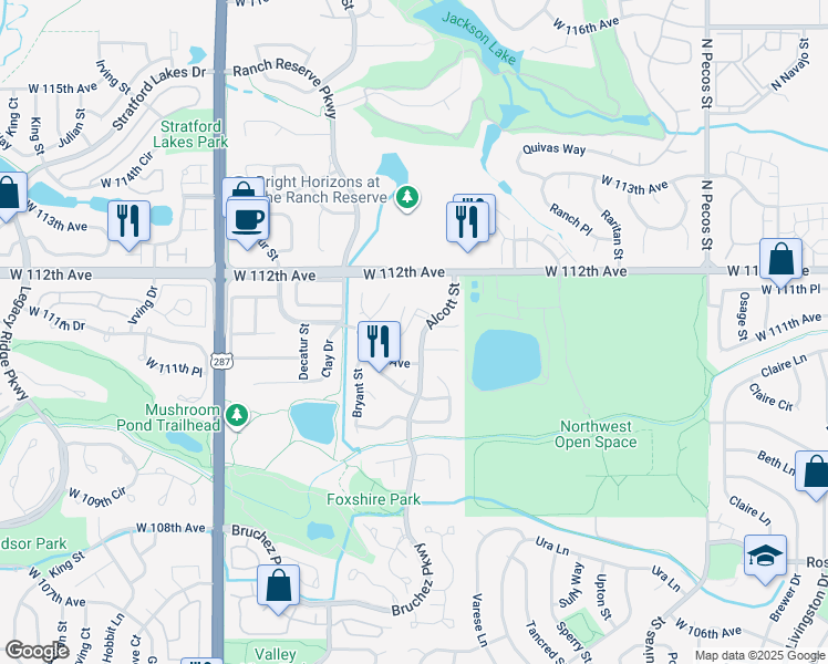 map of restaurants, bars, coffee shops, grocery stores, and more near 11147 Bryant Mews in Westminster