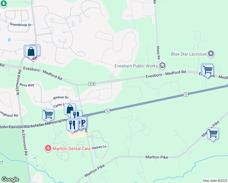 map of restaurants, bars, coffee shops, grocery stores, and more near 471 Evesboro - Medford Road in Evesham