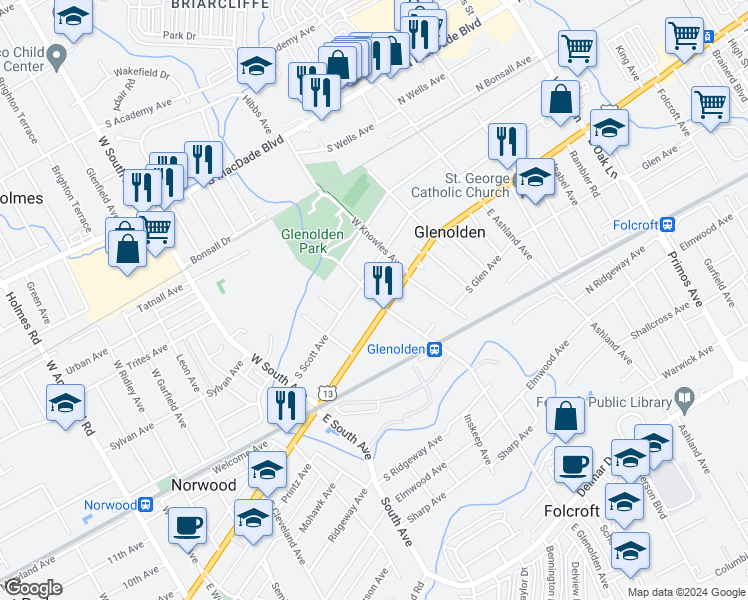 map of restaurants, bars, coffee shops, grocery stores, and more near 225 South Scott Avenue in Glenolden