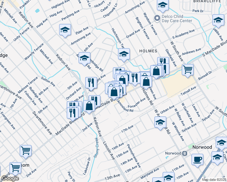 map of restaurants, bars, coffee shops, grocery stores, and more near 320 Amosland Road in Holmes