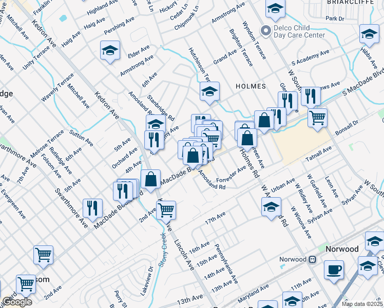 map of restaurants, bars, coffee shops, grocery stores, and more near 320 Amosland Road in Holmes